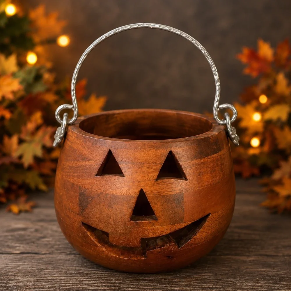 Martha Stewart Wooden Jack O Lantern Candy Bowl Halloween Pumpkin Bucket